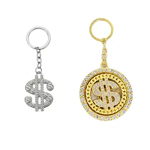 2PCS Bling Dollar Sign Keychain Set, Silver & Gold Rotatable/Regular Iced Out $ Charm Key Rings, Hip Hop Rhinestone Keychains for Men/Women, Fidget Accessory
