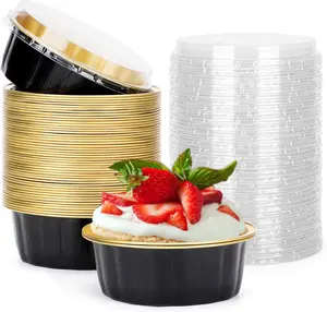 Disposable Ramekins with Lids, 8 oz 50 Pack Black Gold Aluminum Foil Cups, Disposable Creme Brulee Muffin Cupcake Baking Cups Mini Pudding Cups for Party Wedding Birthday