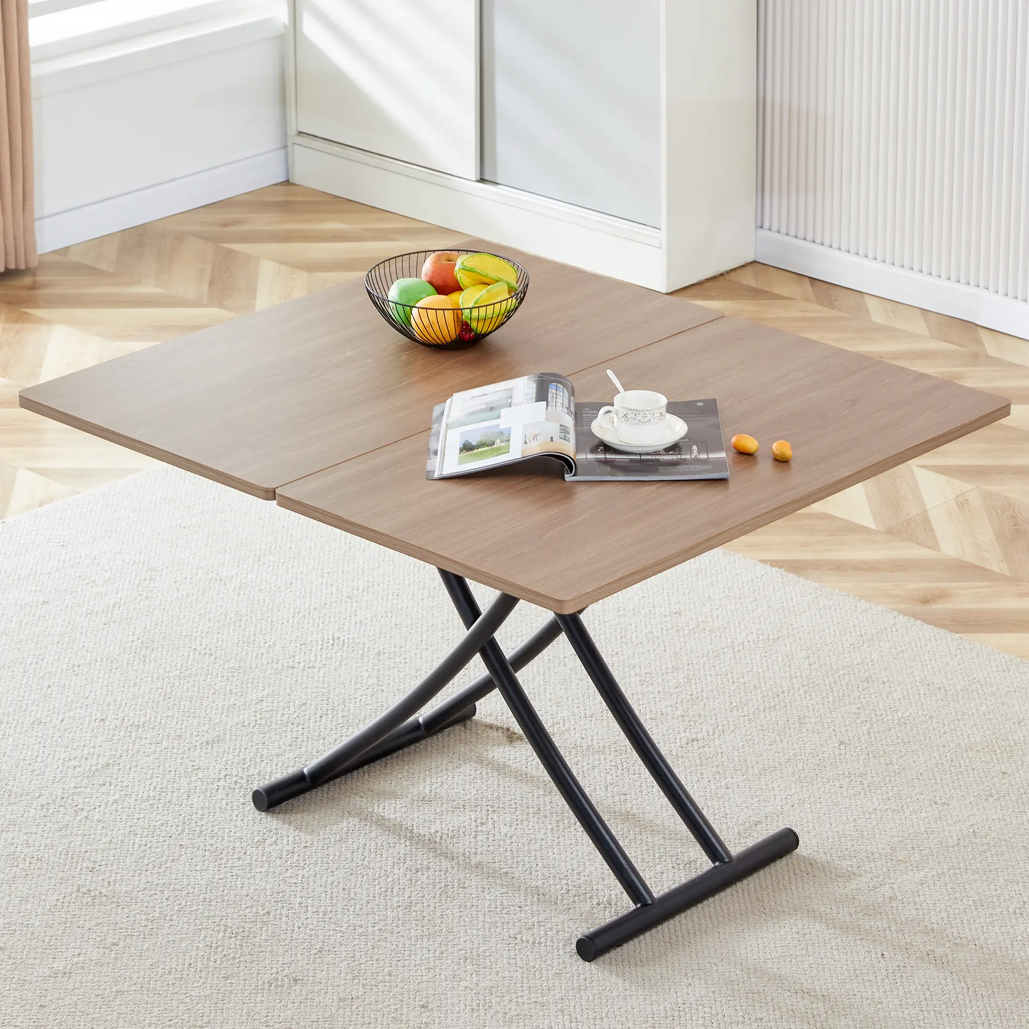 Modern minimalist multifunctional lift table with 0.8 inch thick MDF desktop and black metal legs, can be used as a dressing table, coffee table, dining table, and office table.Walnut textured desktop