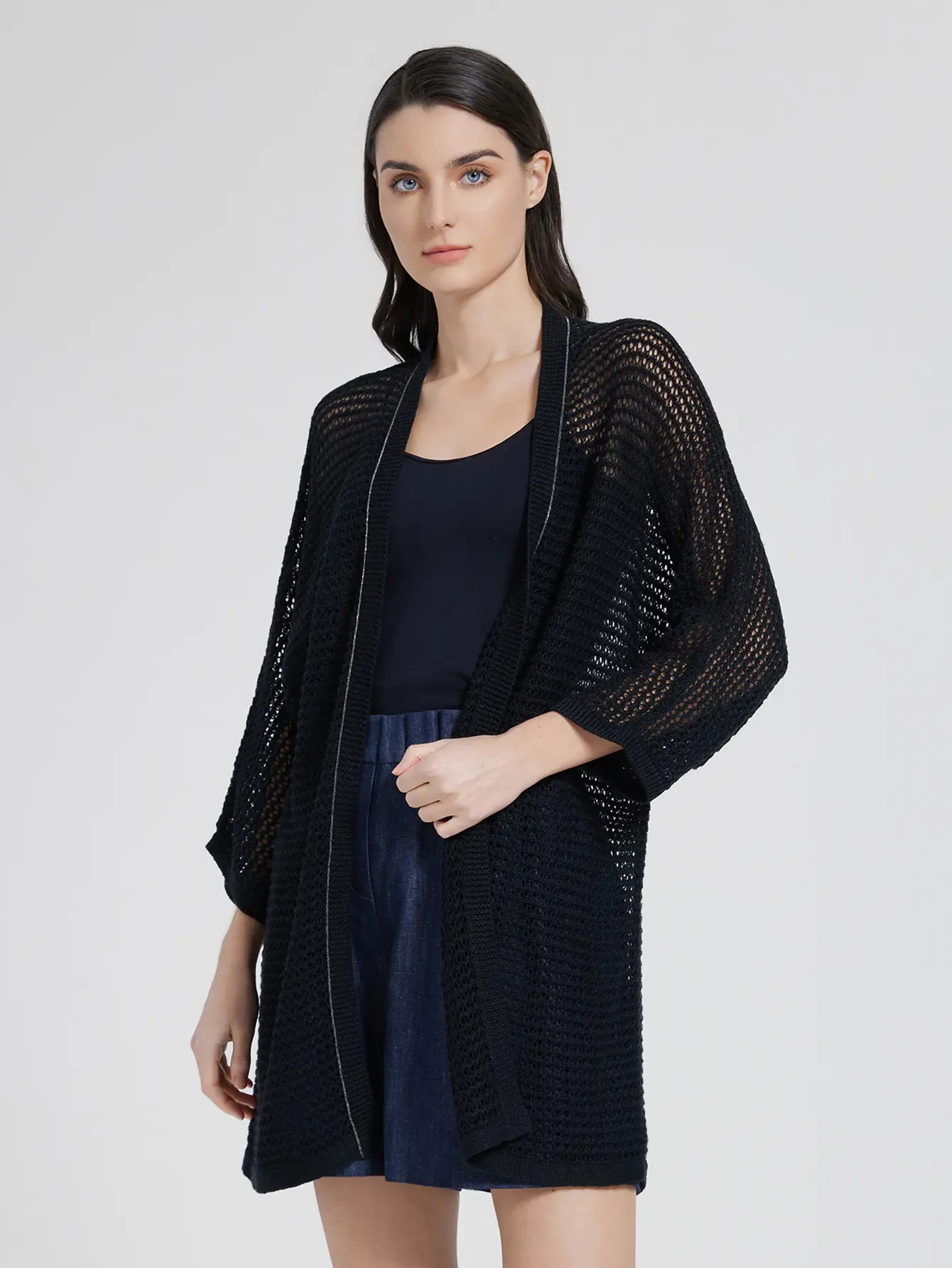 NEW SERATHINAN Luxury High Quality Women’s 100% Linen Open-Front Hollow Knit Cardigan with Beaded Embroidery Lightweight Spring Summer Layering Top