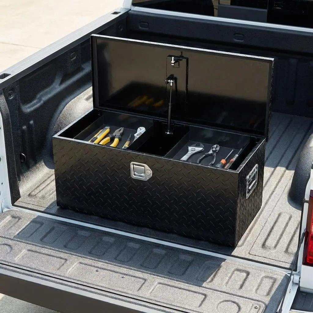 Heavy Duty Aluminum Truck Bed Tool Box – 36x15x15 in – Weatherproof Lockable Storage Chest, Gas Strut Lid, Side Handles, Organizer Tray for Pickup, Trailer, RV – Black Five-Striped Body