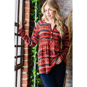 Heimish Full Size Geometric Button Detail Long Sleeve Babydoll Top