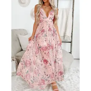 Elegant Floral Ruched Backless Dress, Summer Women's Sleeveless High Waist Long Gown, Wedding Party Bridesmaid Dress