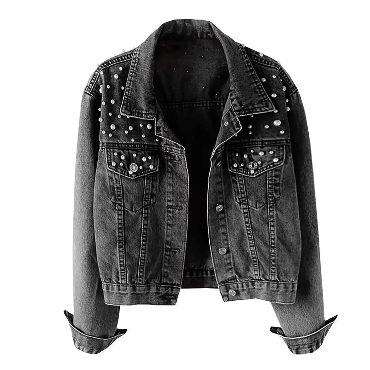 MaLinfandor Women's Vintage Button-Down Collared Long Sleeve Cropped Denim Blend Jacket - Loose-Fit, Embroidered, Pearl-Beaded, Patch Pocket Casual Outerwear for Parties, Party