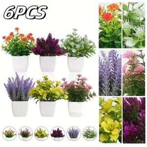 6 Pack Mini Plastic Artificial Potted Flowers - Small Faux Plant Decors for Home or Workplace - for House Office Tabletop Decorative Decoration, Textiles & Soft Furnishings