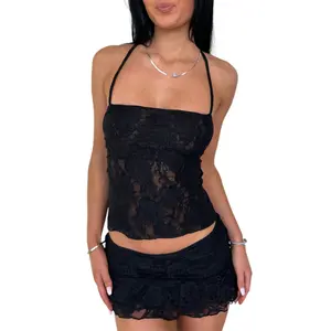 Women Ladies Female Lace Outfit Tie-up Back Sleeveless Crop Tops Low Rise Mini Skirt 2 Piece Set for Party Club,Womenswear 4 Colors