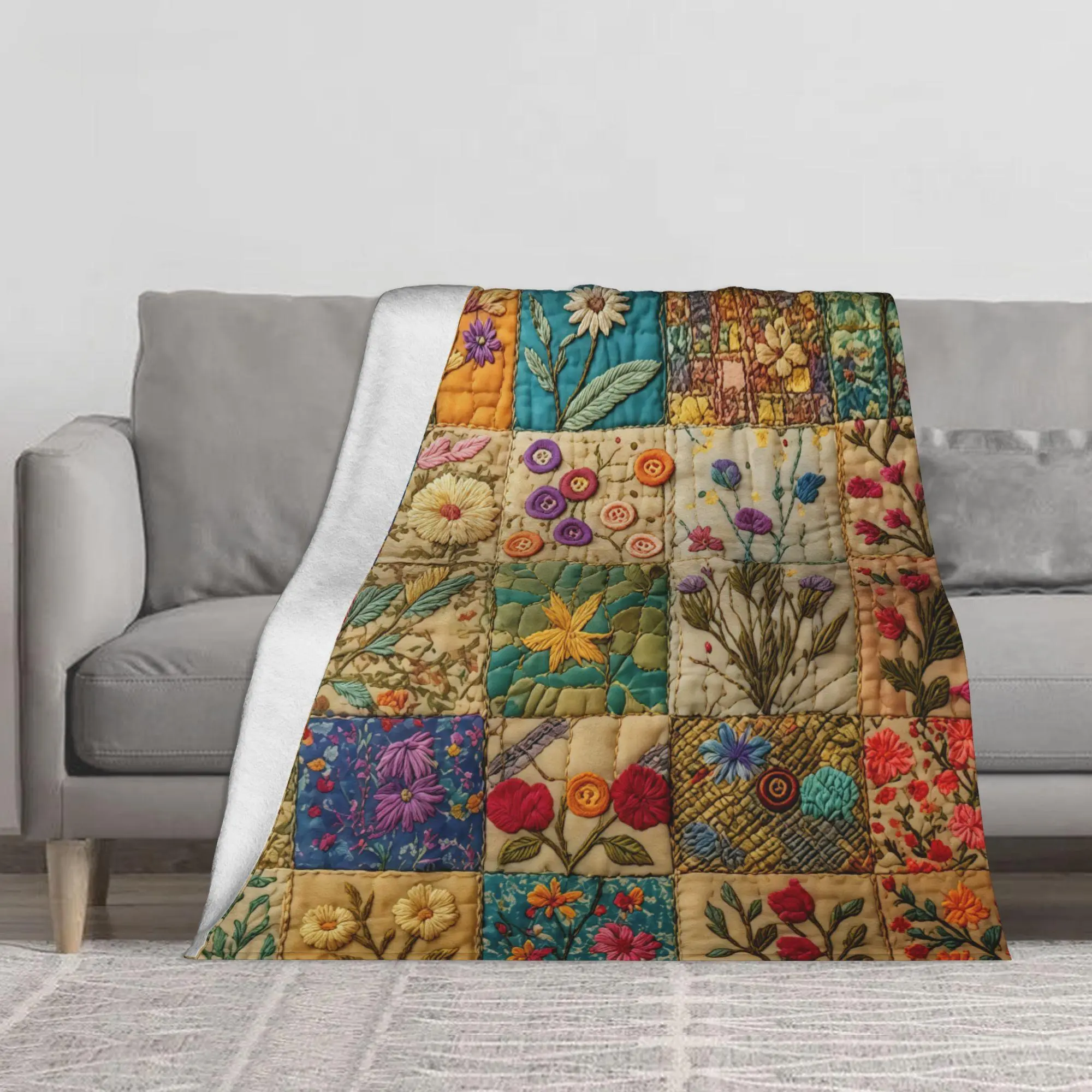 Vintage Embroidery Floral Patchwork Quilt Style Print Flannel Fleece Blanket Multi‑Size Super Soft Warm Plush Throw Blanket for Bedroom Sofa Couch Boho Farmhouse Home Decor Gift