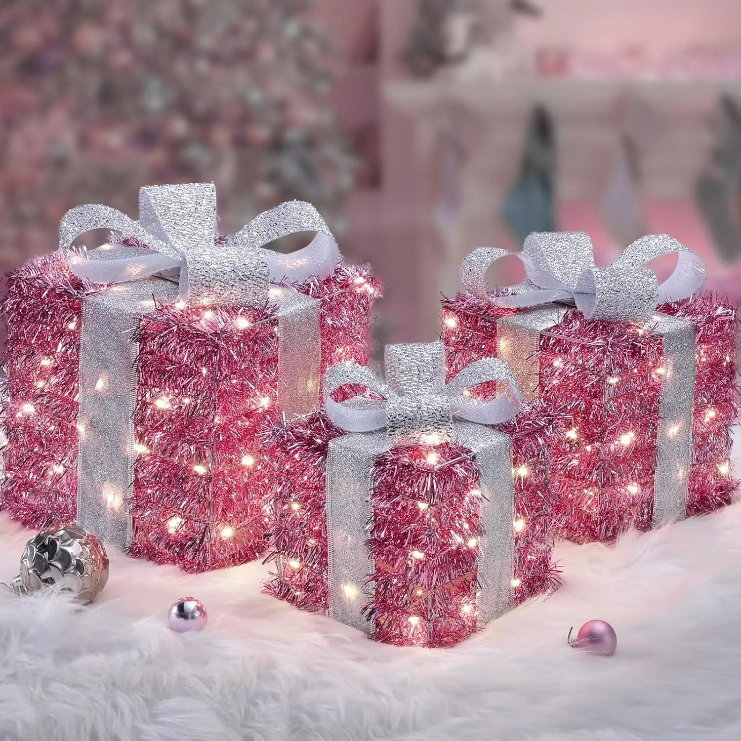 Lighted Pink Gift Boxes Set of 3 - Plug-in, 8 Lighting Modes, IP44 Waterproof, Ultra-Bright Beads, 3 Sizes for Layered Decor, Ideal for Parties, Festive Holiday Christmas Decor Ornaments (Home & Festive Party Supplies)