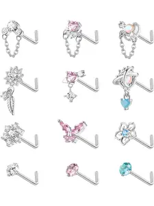 Diverse 12 Pcs Silvery Dangle Nose Rings Studs 316 Stainless Steel L Shaped Nose Rings for Women Men 20G Colorful Heart Flower CZ Snowflake Butterfly Dangling Nose Piercing Jewelry Set