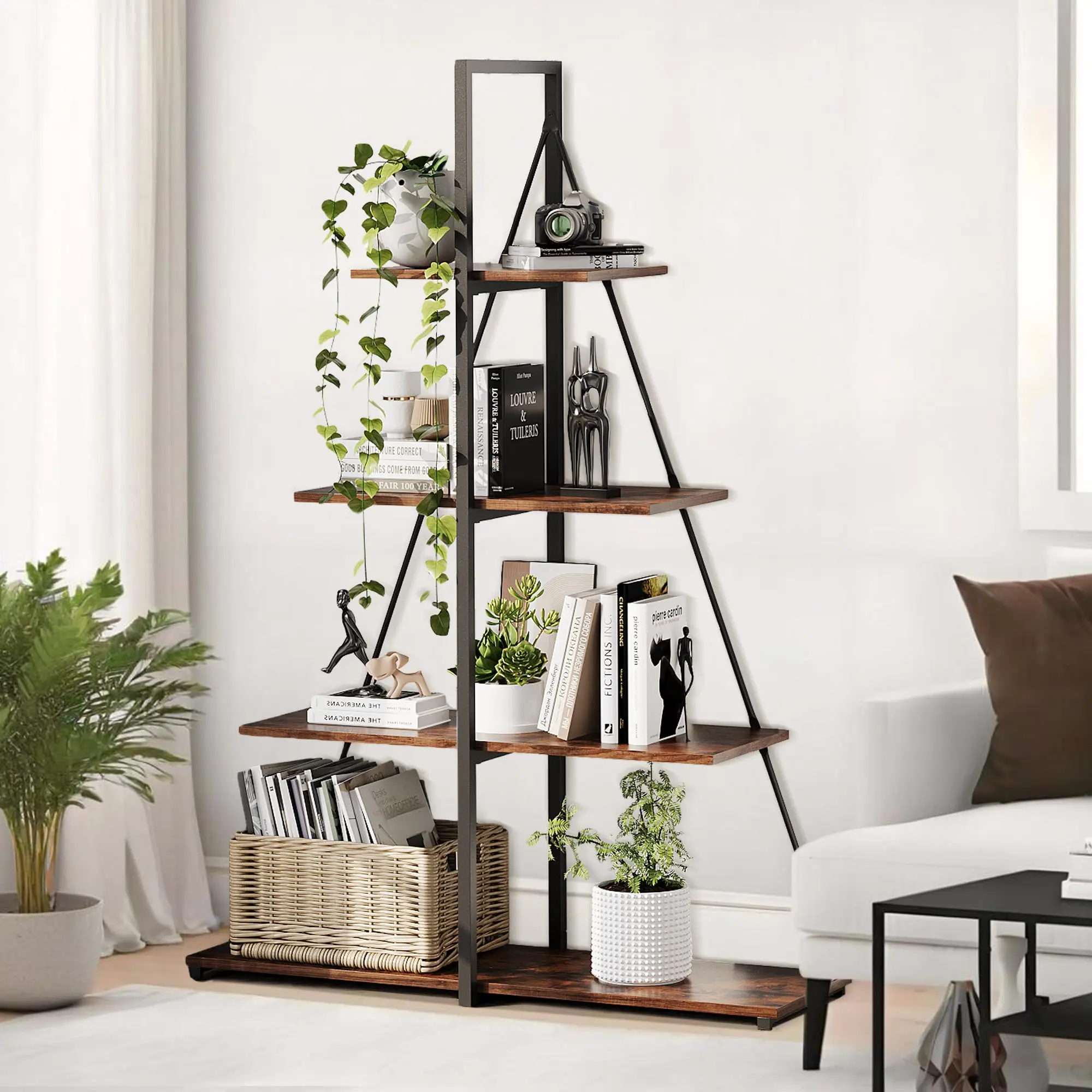 GARVEE Brown Bookshelf,4 Tier-Shelf Ladder Book case,A-Shaped Sturdy Shelves Display,Wooden Bookcase Storage Organizer for Living Room,Home Office,Bedroom