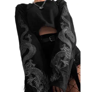 Y2K-Inspired Gothic Skeleton Hoodie for Women - Cotton Blend, Long Sleeve Crop Top with Chain Detail, Perfect for Rave Festivals Collar Womenswear
