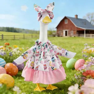 Porch Goose Easter Outfits Goose Clothes with Bunny Hat and Flowers Skirt for 23 inch Cement Geese Statue, Easter Lawn Decoration