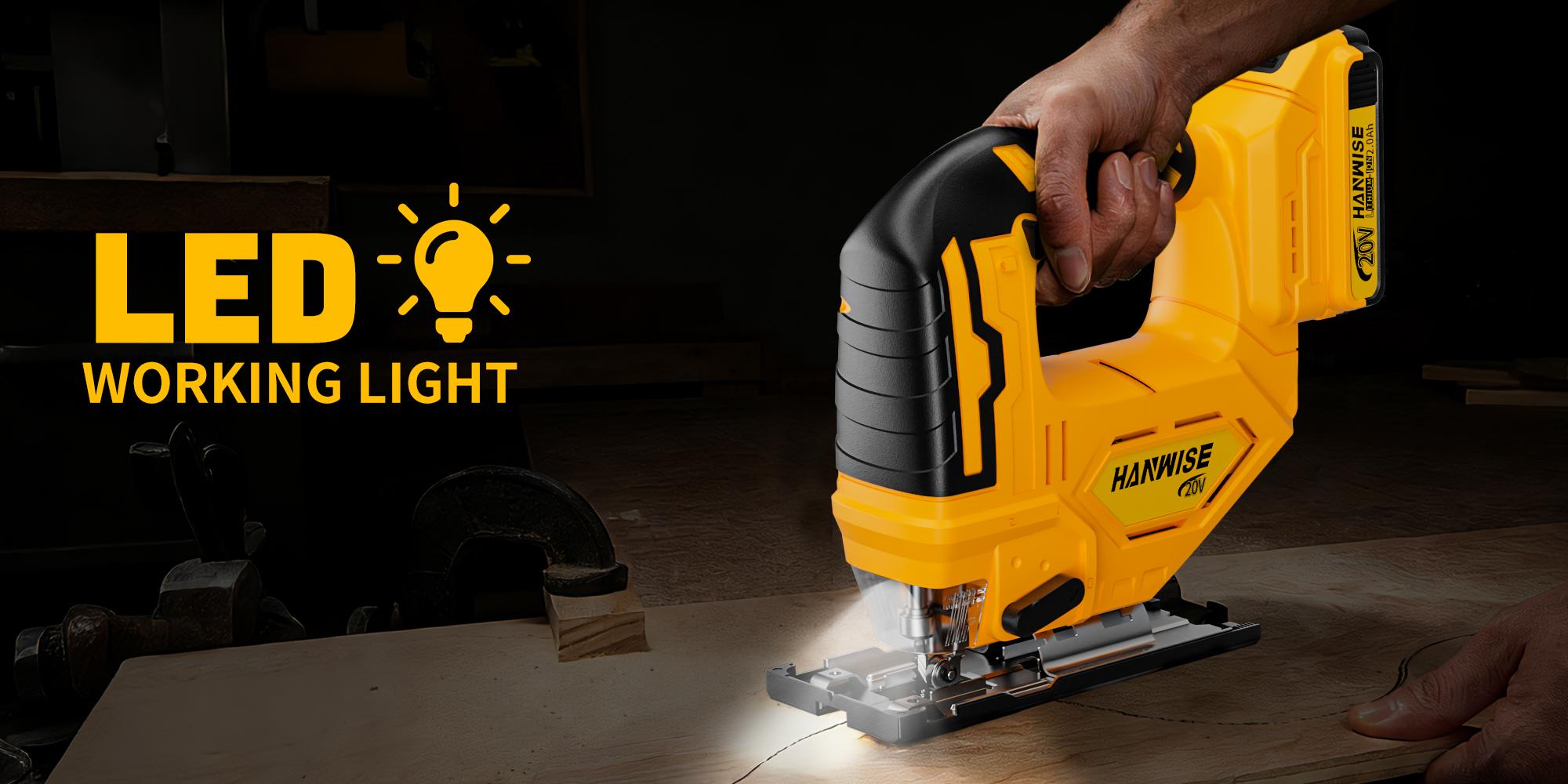 HANWISE wireless hinge saw, 3-speed track, 45 ° oblique cut, LED work light and safety button, tool free blade replacement, suitable for wood metal cutting for curved/straight/oblique/circular cutting, ergonomically designed