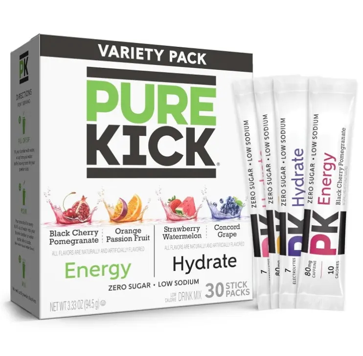 PURE KICK Energy and Hydrate Singles To Go Drink Mix Variety Pack, Black cherry Pomegranate, Orange Passion Fruit, Strawberry watermelon and Concord Grape, 30 Count (Pack - 1)
