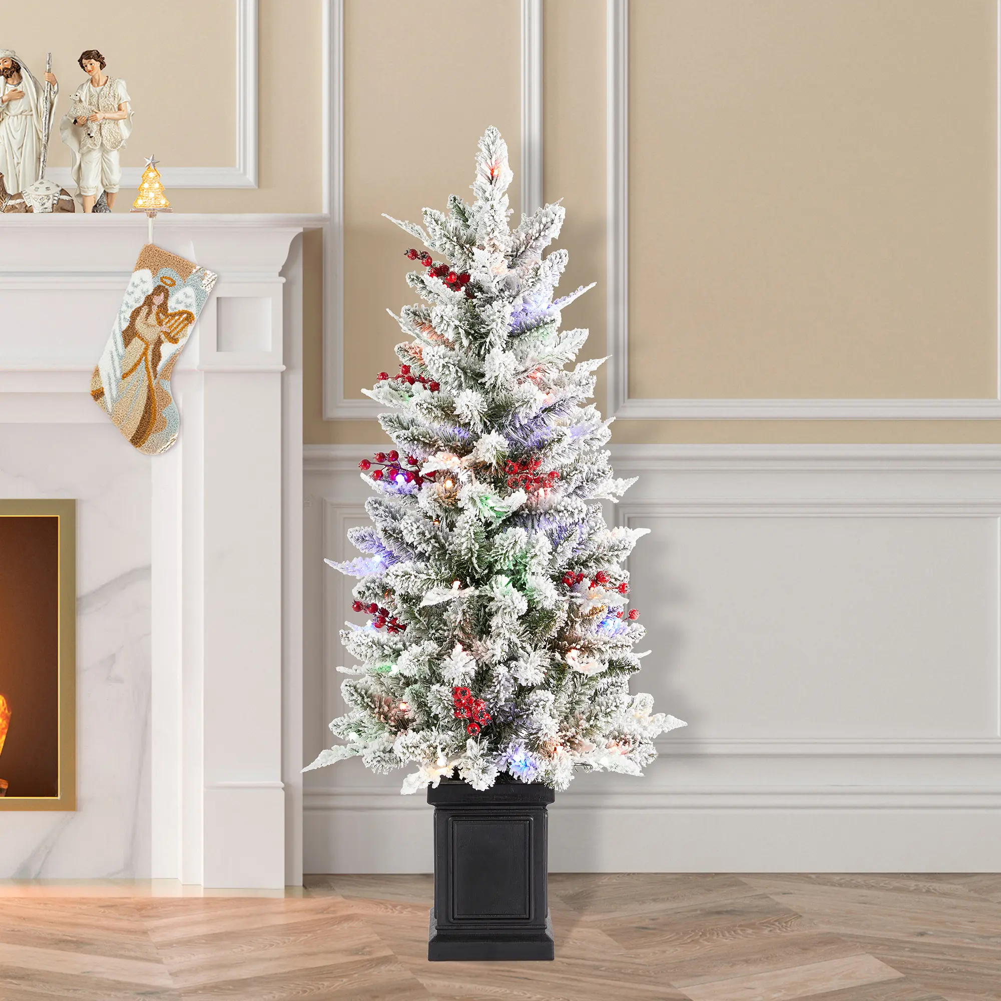 【Christmas in July】 Glitzhome 4ft Pre-Lit Flocked Artificial Christmas Porch Tree with and Red Berries and 60 Warm White/Multi-color Lights,2 function w/Foot Pedal