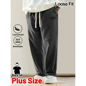 Men'S Plus Size Corduroy Casual Pants | Drawstring Waist, Dual Side Pockets, Fashion Letter Patches, Suitable for Daily Outings and Sports