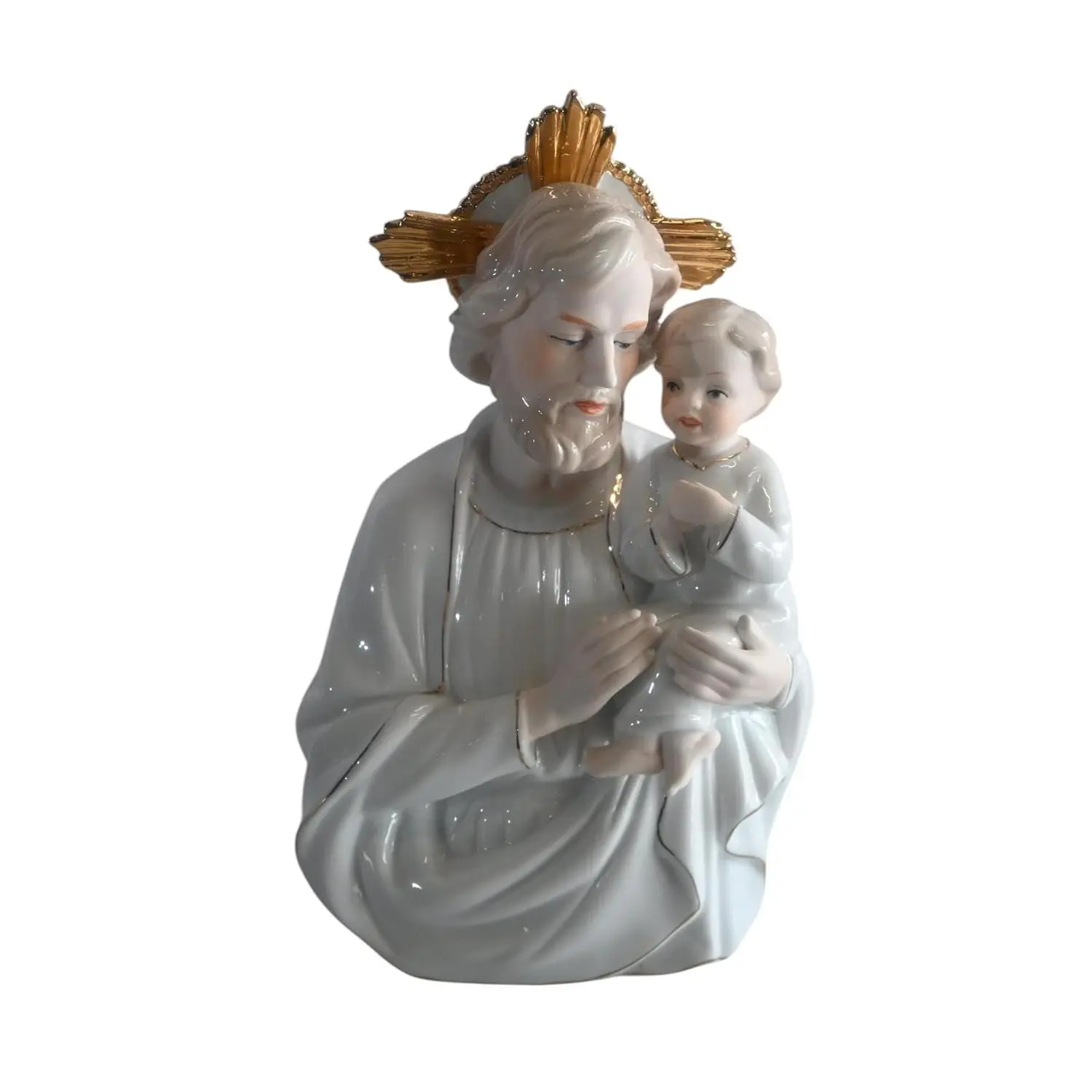 Porcelain Devotional Saint Joseph and Christ Child Figurine with Gold Halo, Sunburst Detail, 6x4x9" Size, Collectible Cultural Display Gift