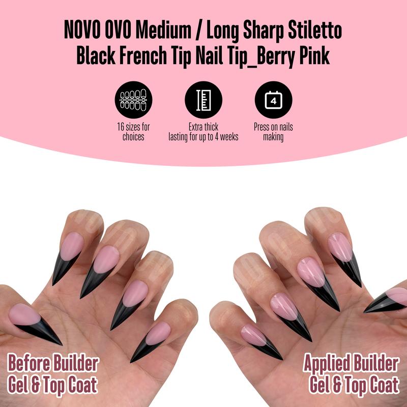 NOVO OVO Black French Tip Sharp Stiletto Pointed Medium Long Nail Tips Press on Berry Pink, Soft Gel Fake Acrylic Extension, Full Cover False Nails for Salon DIY x 16 Sizes 160 pcs【NO GLUE ,TOP COATAND LAMP INCLUDED】