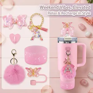 6-piece   set of colorful cup accessories: butterfly straw cap, shiny butterfly decoration, rhinestone silicone base, letters, suitable for 40oz/30oz/20oz cups