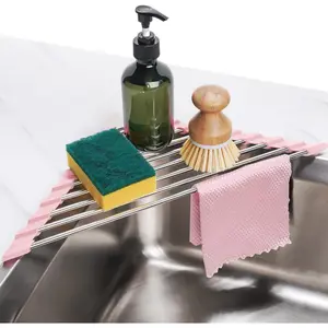 Triangle Foldable Dish Drying Rack, Small Roll-Up Stainless Steel Over Sink Drainer for Kitchen Sink Corner, Rustproof Multipurpose Organizer(Pink)