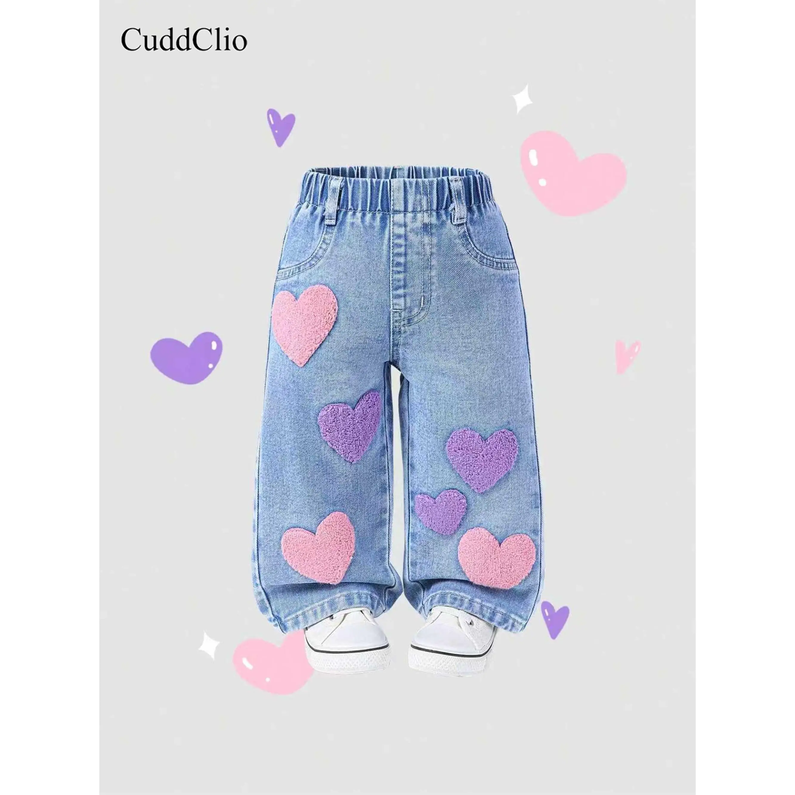 CuddClio Girls' Loose Fall/Winter Denim Jeans with Cute Heart Embroidery, Pink and Purple Floral Design, Comfortable Stretch Denim, Elastic Waist, Fake Pockets, Casual Attire, Outdoor, Holiday Gift, Baby Girls' Casual Jeans