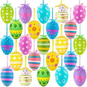 24 Easter Eggs Plastic Hanging Decorations, Colorful Hand-Painted DIY Crafts, Tree Ornament Set, Random Style, Hanging Ball Design