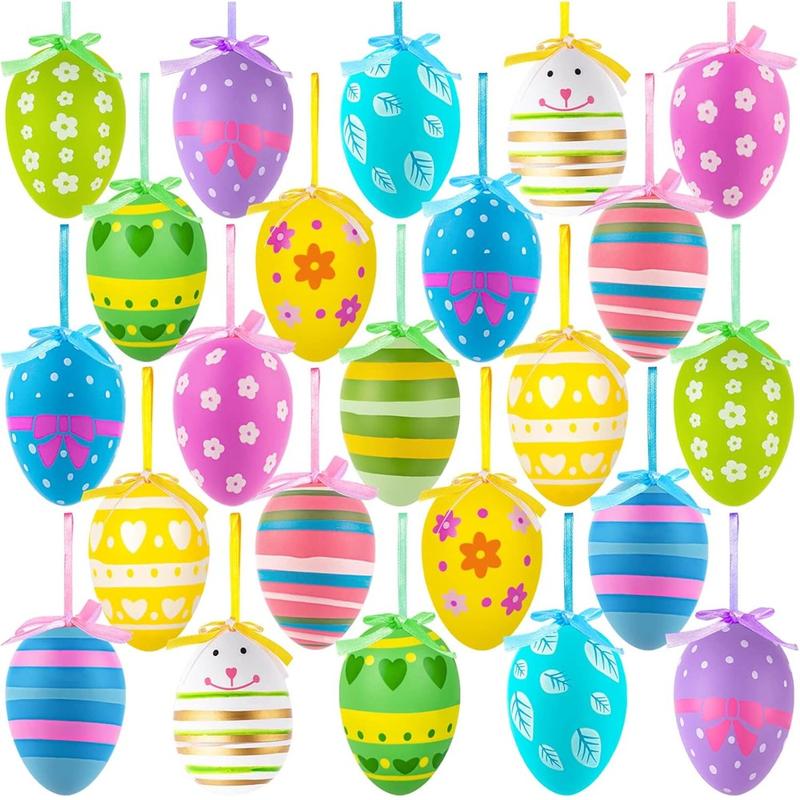 24 Easter Eggs Plastic Hanging Decorations, Colorful Hand-Painted DIY Crafts, Tree Ornament Set, Random Style, Hanging Ball Design