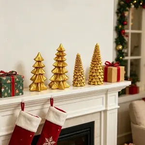 4 Piece Set Luxury Matte Gold Christmas Tree Statues, Natural Leaf Texture, Adjustable Heights, Resin Craft, Home Decor, Gift Ideas