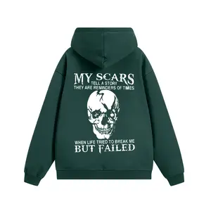 Battle-Honored Essential Men's Hoodie with a Striking Weathered Skull Graphic and the Unapologetic Text "MY SCARS ARE REMINDERS OF TIMES LIFE TRIED TO BREAK ME BUT FAILED" for a Fearless Statement