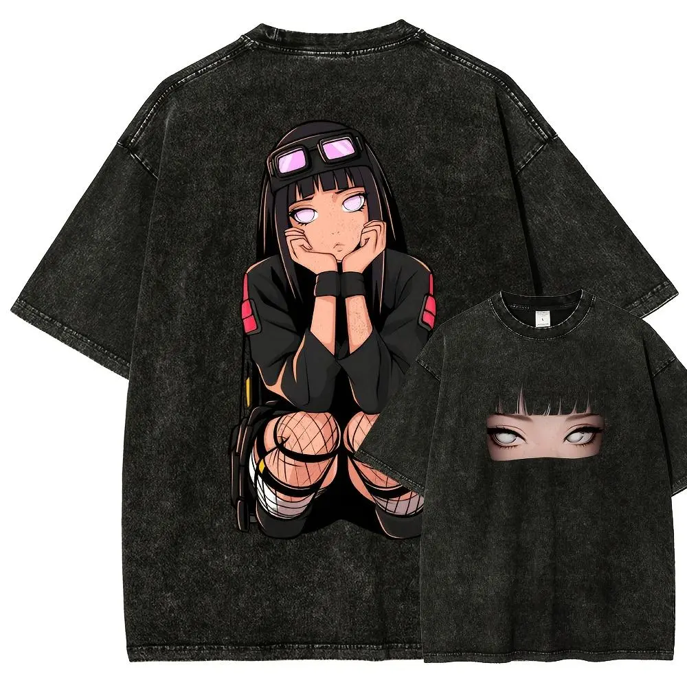 Vintage Washed Black Techwear Anime Girl T-Shirt Oversized Goggles Ninja Graphic Tee Unisex Dark Streetwear Casual Cotton Top