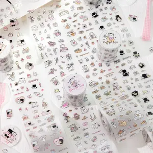 Cat Diary Series Tape Roll/bag, Handmade Journal Supplies Water Bottle Multi-Scene Base Decoration Stickers, Art Stickers, Cute Cat Life Daily Essentials