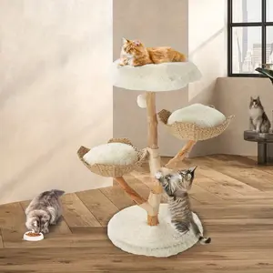 Multi-platform Natural Wood Cat Tower, Cute White Cat Tree for Indoor Cats with Hand-woven Baskets and Wear-resistant Scratching Post