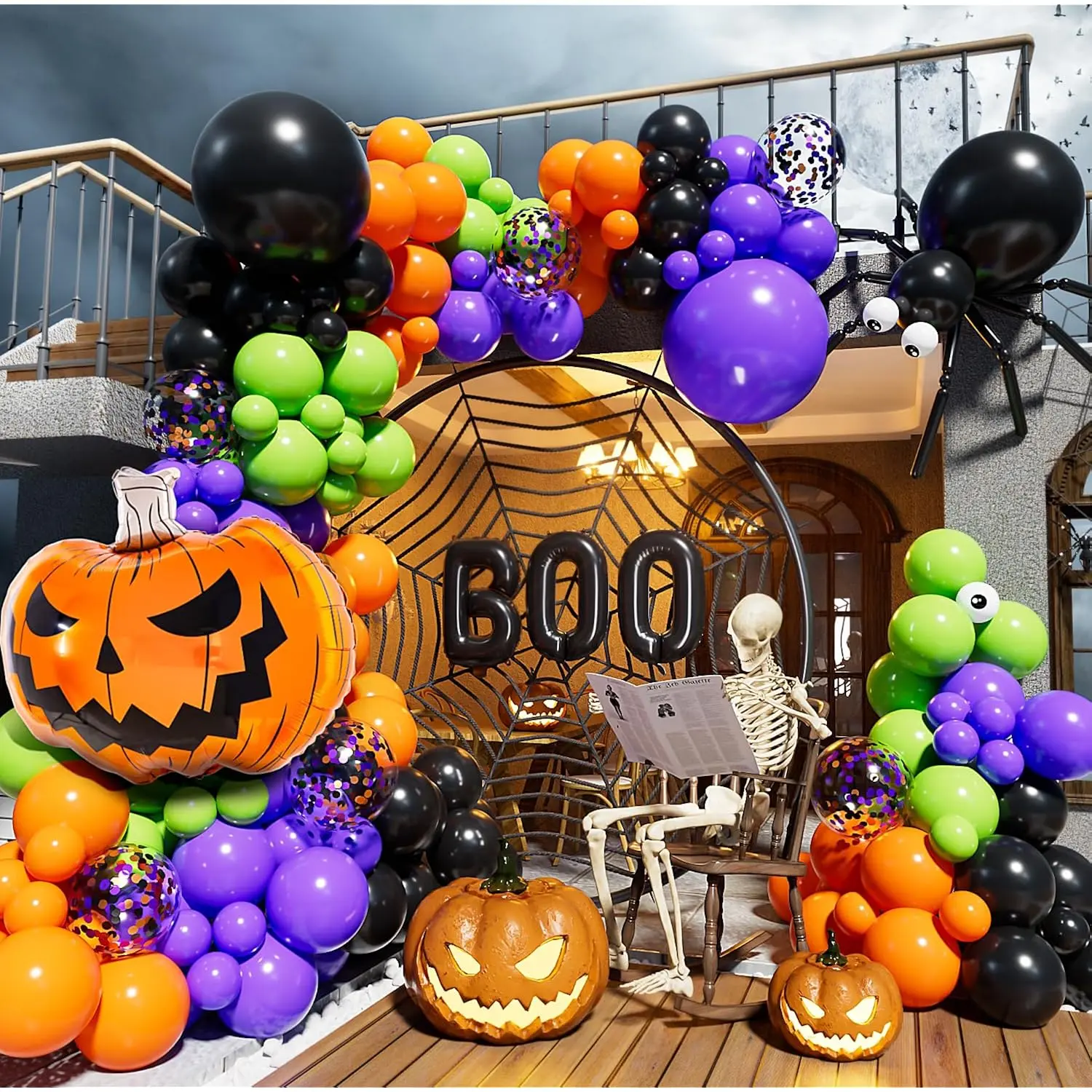 Halloween Balloons Garland Arch Kit,126Pcs Diy Halloween Party Balloon With Black,Orange,Purple,Fruit Green,Confetti,Balloons,Boo,Spider,Pumpkin Foil Balloon For Halloweenparty Decorations Indoor
