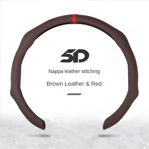 Napa Leather Steering Wheel Cover - Quick Turn Non-Slip Breathable Ultra Thin Universal Fit for All Seasons Car Interior Kit - Brown Leather & Red