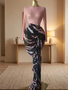 QFAF Women's Tie-Dye, Striped, Patchwork, Printed Ruched Fitted Bodycon Maxi Dress, Fall Winter Education Vacation Party Gown, Long Sleeve Dress, Dressy Round Neckline Stacked Floor Length Sexy Evening Clubwear Dresses, Streetwear Clothing