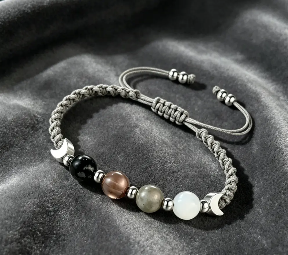 Crystal Beaded Bracelet with Crescent Moon Charm, Witchy Gradient Moonstone & Obsidian Natural Healing Crystal Jewelry, Adjustable Band to Enhance Intuition, Casual