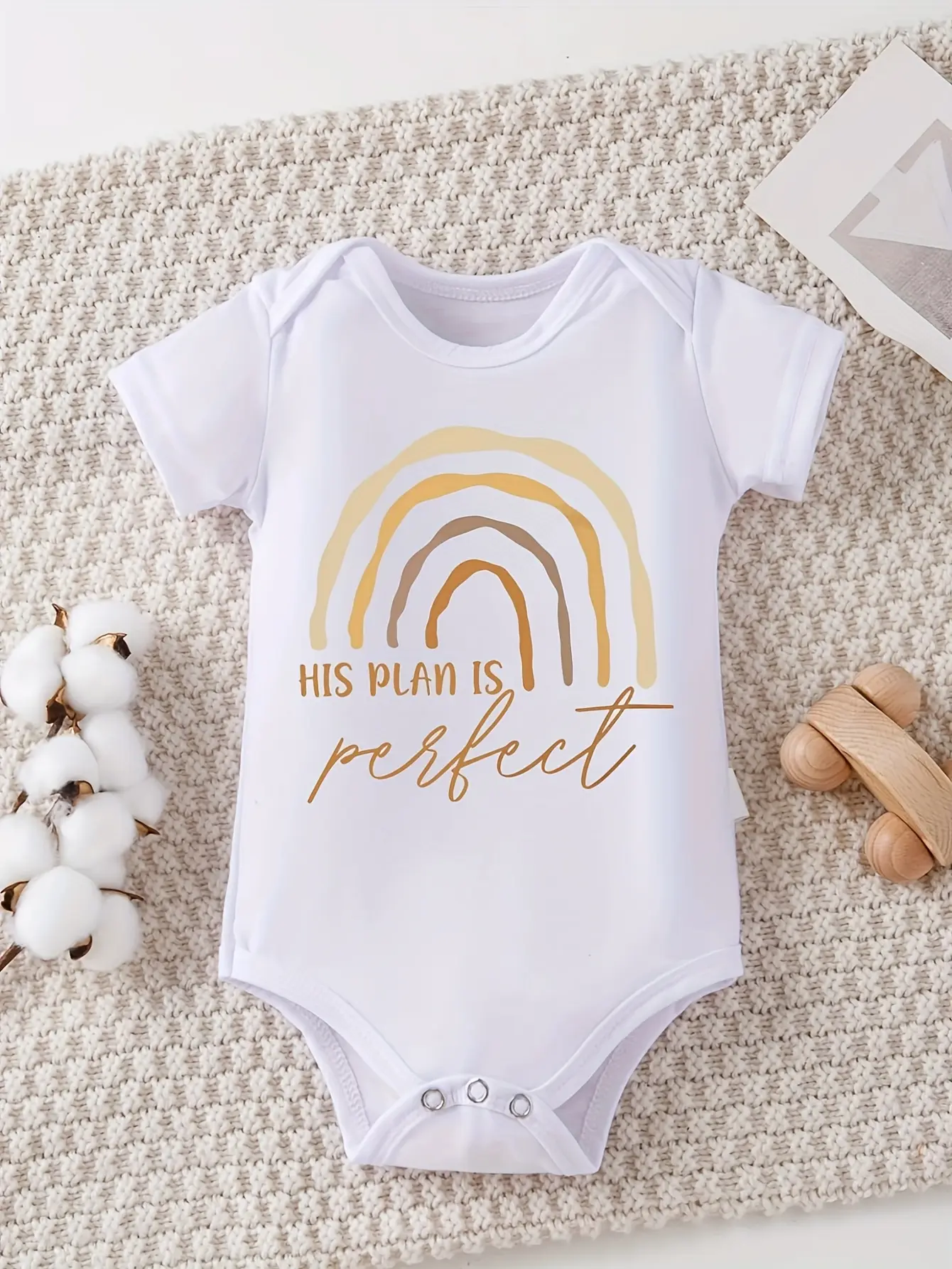 His Plan Is Perfect Baby Bodysuit Boho Neutral Rainbow Print Short‑Sleeve Infant Onesie