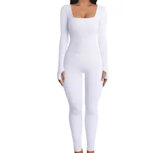 Sexy Long Sleeve Jumpsuit for Women, One Piece Ribbed Workout Rompers,