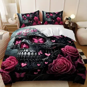 Bedding 3-piece set - 3PCS,Dark Pink Butterfly Skull with Rose Design Down Comforter Set (1 comforter cover + 2 pillowcases, filling not included).soft and comfortable, suitable for family bedrooms.