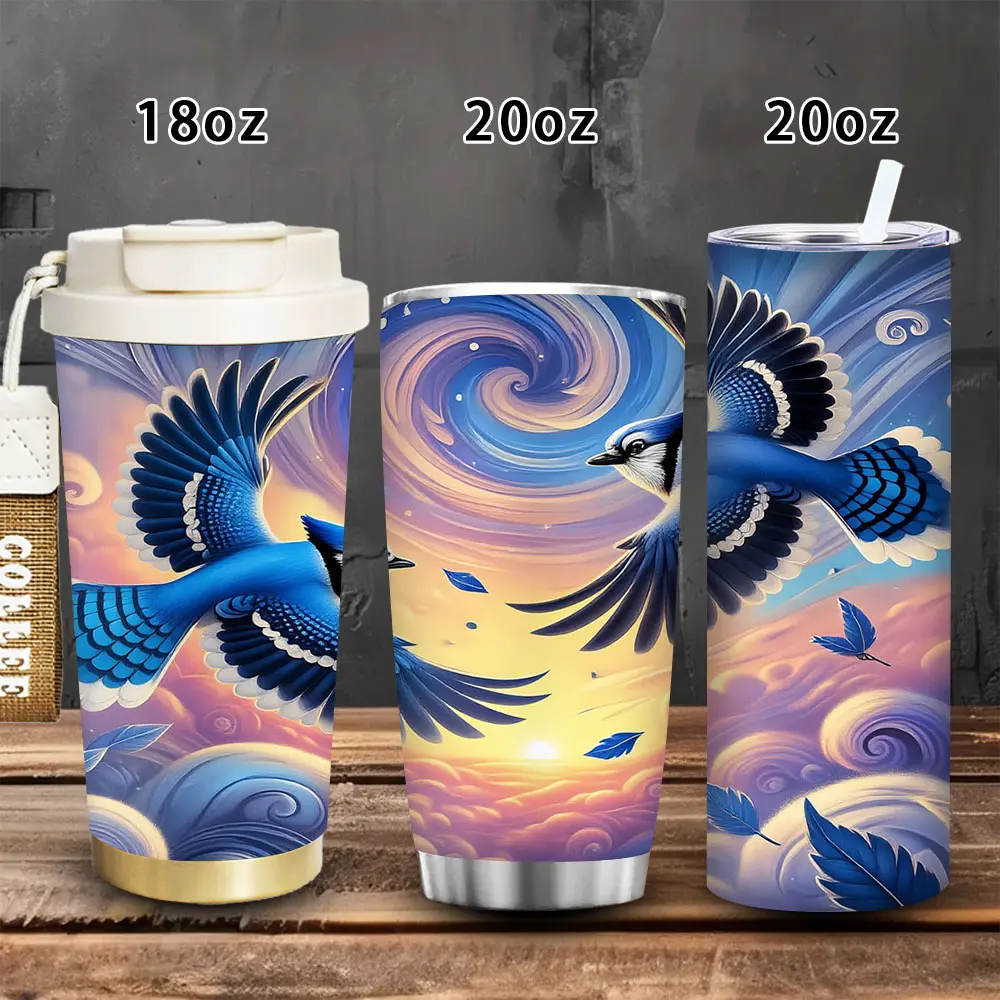 1pc 18oz/20oz Bluebirds & Swirling Sky Insulated Travel Flask Tumbler Mug with Lid & Straw, Winter Kitchenware Drinkware, Gift-Ready Birthday/Valentine’s Day Gift for Women, Iced/Hot Coffee Cup