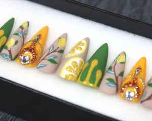 Lemon Citrus Press On Nails Almond Shape | Fresh Summer Fruit Nails with Yellow Drip Art & Rhinestone Accents | Handmade Reusable False Nails