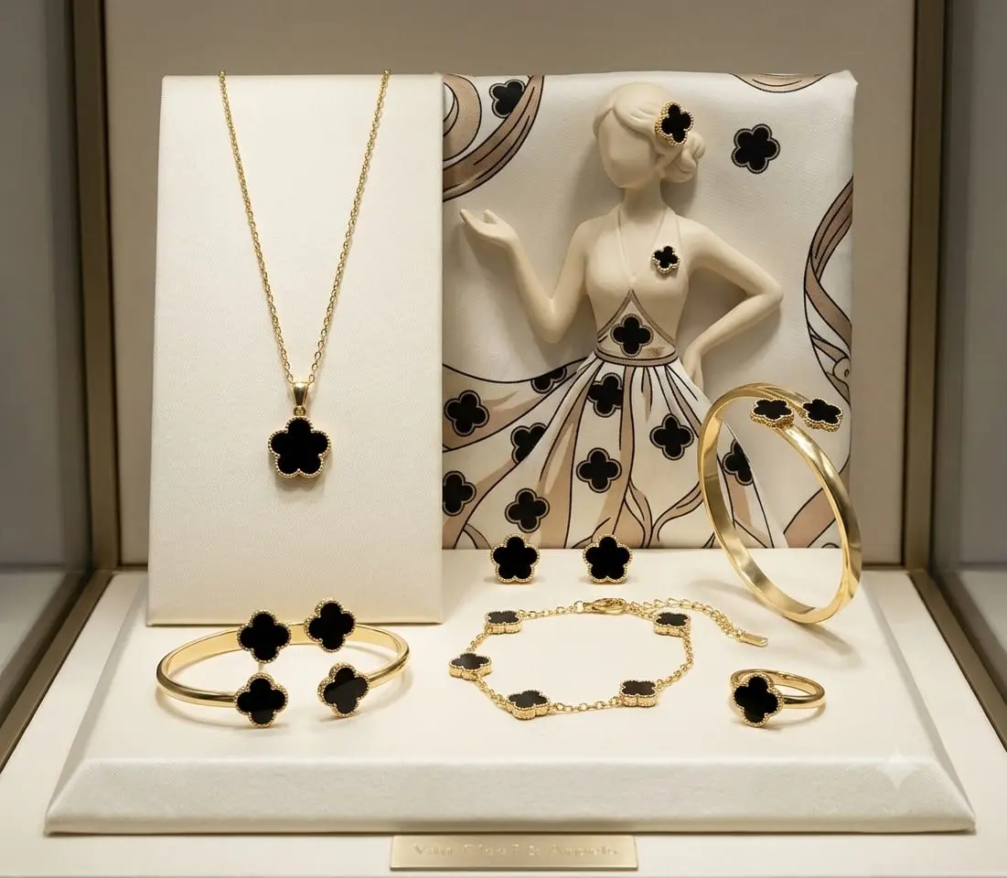 KAYDE Women's 5-Piece Lucky 5-Leaf Flower Jewelry Set - Acrylic Clover Charm, Gold-Plated Bracelet, Necklace, Ring, Earring for Modest Fashion Islamic Accessories