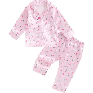 Toddler Baby Girl Silk Pajamas Set Floral Print Long Sleeve Button Down Shirt Pants Matching Pjs Lounge Set