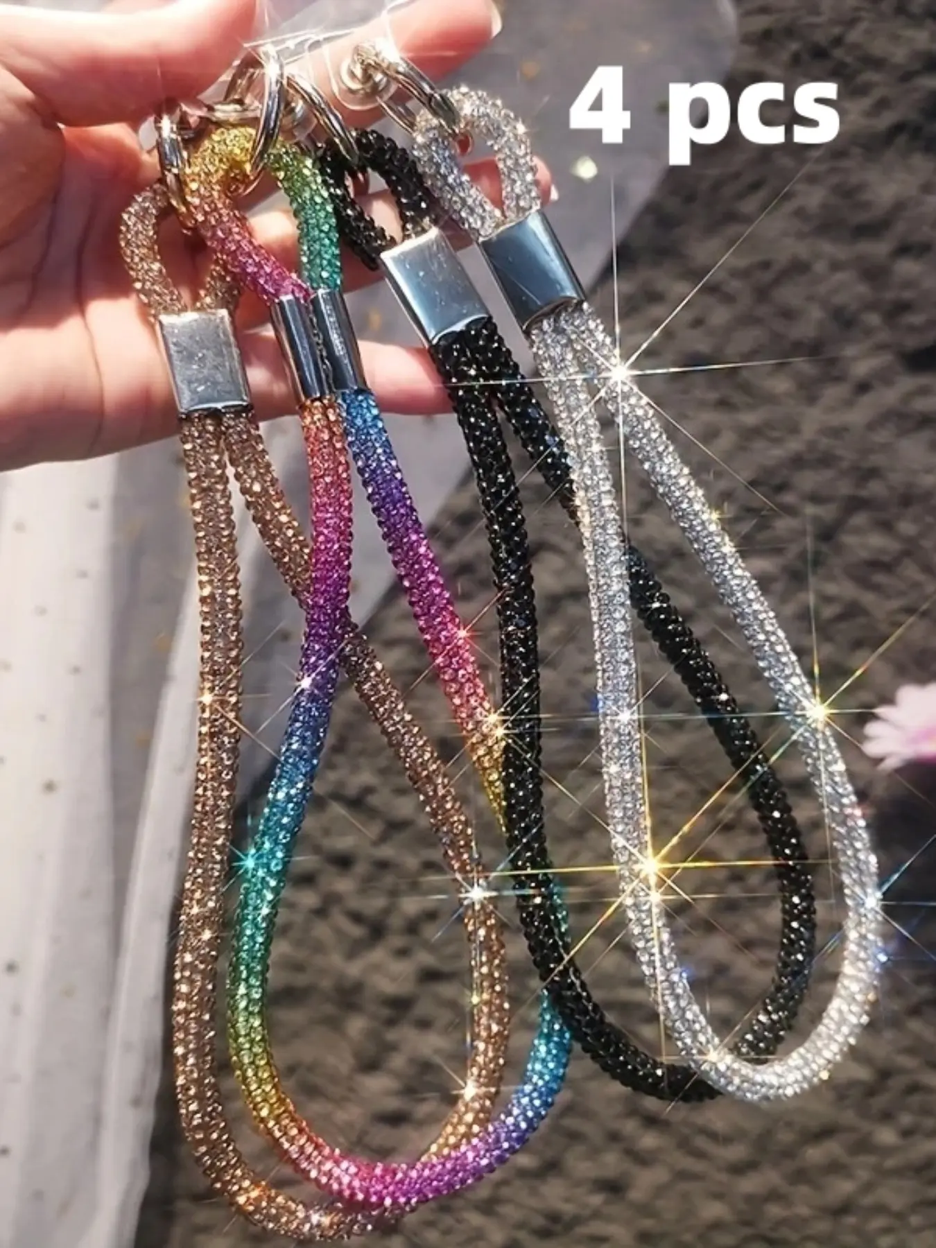 4pcs Phone Chains with Rhinestones, Luxury Keychain Decorations, Amethyst Bead Strands, Short Wrist Lanyards, Car Keychains, Bag Accessories, Phone Charms, Phone Accessory