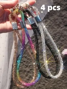 4pcs Phone Chains with Rhinestones, Luxury Keychain Decorations, Amethyst Bead Strands, Short Wrist Lanyards, Car Keychains, Bag Accessories, Phone Charms