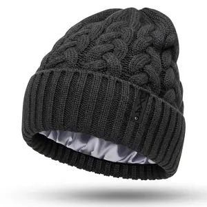 Cashmere Satin Lined Winter Beanie Handmade Luxury Cable-Knit Cuffed Hat for Warmth Style Premium Softness Temperature Regulation Handcrafted Cap