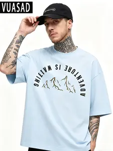Men's Outdoor Adventure Cotton T-Shirt, Casual Loose-Fit Short Sleeve Top, Letter Pattern, No Zipper, No Collar, No Button
