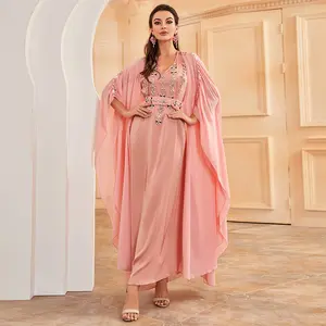 Women's Kaftan Dress,New coral pink two-piece dress set - Dubai women's clothing,Women's Solid Color Maxi Abaya,Women's Arabian Dress