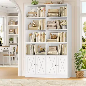 FOTOSOK 71” Tall Bookshelf with Doors, 6 Tier White Bookshelf with Storage, 47.2” Double Wide Farmhouse Bookcase with 8 Open Display Shelves, Wooden Bookshelves and Bookcases for Home Office