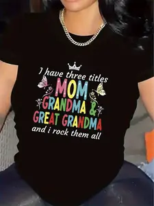 Women's Fun "I Have 3 Titles: Mom, Grandma, Great-Grandma" Pattern T-Shirt- Soft Polyester Short Sleeve Round Neck Family Slogan Shirt, Durable Comfortable Casual Wear Suitable for Family Gatherings, Birthdays, and Christmas Gifts(Black/White), Great